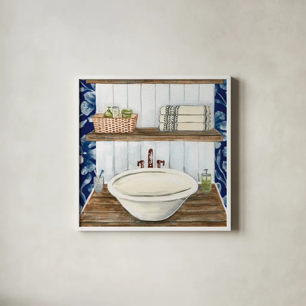 Bold Bathroom II Sq by Yvette St. Amant. Shown in a crisp white glass frame for a clean and minimalist style. Available as an archival giclee rolled canvas, fine art paper, or poster print. SKU 98754a.