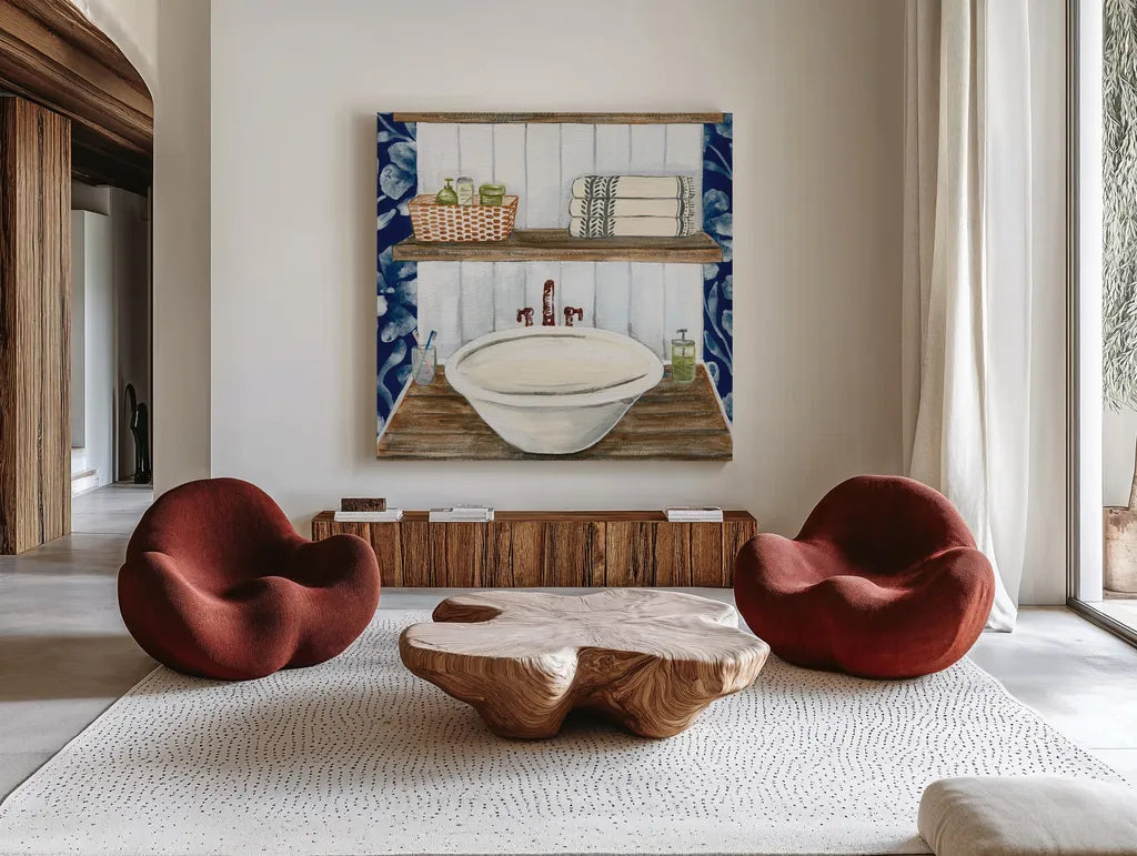 Bold Bathroom II Sq by Yvette St. Amant. Shown as extra-large giant wall art in a modern living room. Available as an archival giclee rolled canvas, fine art paper, or poster print. SKU 98754a.