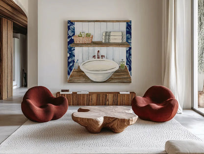Bold Bathroom II Sq by Yvette St. Amant. Shown as extra-large giant wall art in a modern living room. Available as an archival giclee rolled canvas, fine art paper, or poster print. SKU 98754a.