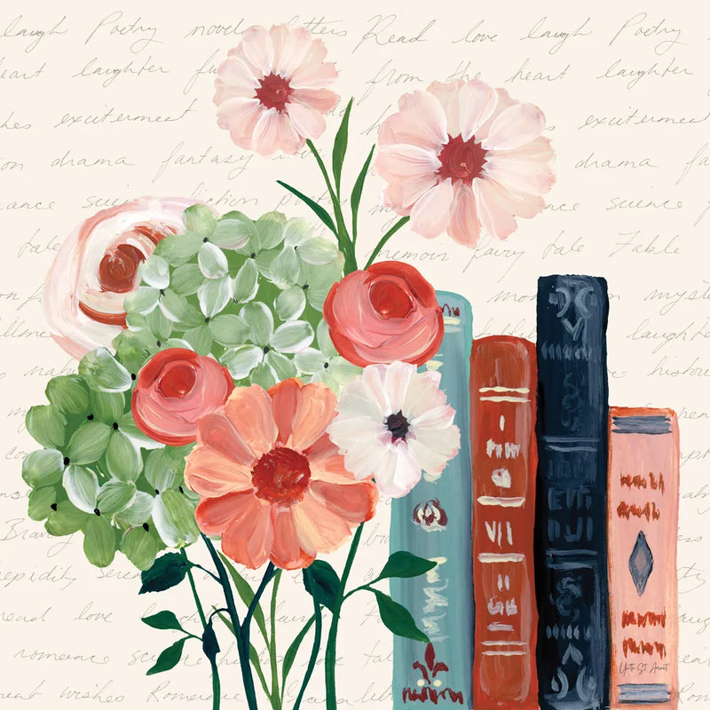 Books and Blooms I by Yvette St. Amant. SKU 97379a. Archival Giclee Fine art print for wall decor.