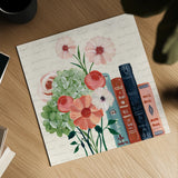 Books and Blooms I by Yvette St. Amant. Shown as a detailed flat fine art print, highlighting archival giclee quality. Available as an archival giclee rolled canvas, fine art paper, or poster print. SKU 97379a.