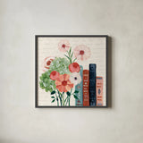 Books and Blooms I by Yvette St. Amant. Shown in a sleek black glass frame for a contemporary gallery look. Available as an archival giclee rolled canvas, fine art paper, or poster print. SKU 97379a.