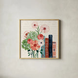 Books and Blooms I by Yvette St. Amant. Shown in a natural wood glass frame for a timeless modern aesthetic. Available as an archival giclee rolled canvas, fine art paper, or poster print. SKU 97379a.