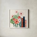 Books and Blooms I by Yvette St. Amant. Shown in a crisp white glass frame for a clean and minimalist style. Available as an archival giclee rolled canvas, fine art paper, or poster print. SKU 97379a.
