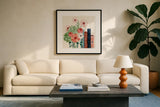 Books and Blooms I by Yvette St. Amant. Displayed in a glass frame with matte in a clean modern living room. Available as an archival giclee rolled canvas, fine art paper, or poster print. SKU 97379a.