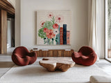 Books and Blooms I by Yvette St. Amant. Shown as extra-large giant wall art in a modern living room. Available as an archival giclee rolled canvas, fine art paper, or poster print. SKU 97379a.