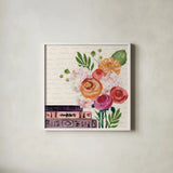 Books and Blooms II by Yvette St. Amant. Shown in a crisp white glass frame for a clean and minimalist style. Available as an archival giclee rolled canvas, fine art paper, or poster print. SKU 97380a.