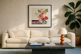Books and Blooms II by Yvette St. Amant. Displayed in a glass frame with matte in a clean modern living room. Available as an archival giclee rolled canvas, fine art paper, or poster print. SKU 97380a.