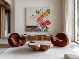 Books and Blooms II by Yvette St. Amant. Shown as extra-large giant wall art in a modern living room. Available as an archival giclee rolled canvas, fine art paper, or poster print. SKU 97380a.