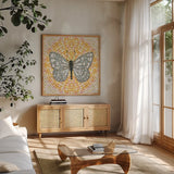 Botanical Mosaic I by Yvette St. Amant. Shown in a natural wood frame in a cozy modern living room. Available as an archival giclee rolled canvas, fine art paper, or poster print. SKU 96215a.