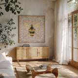 Botanical Mosaic II by Yvette St. Amant. Shown in a natural wood frame in a cozy modern living room. Available as an archival giclee rolled canvas, fine art paper, or poster print. SKU 96216a.
