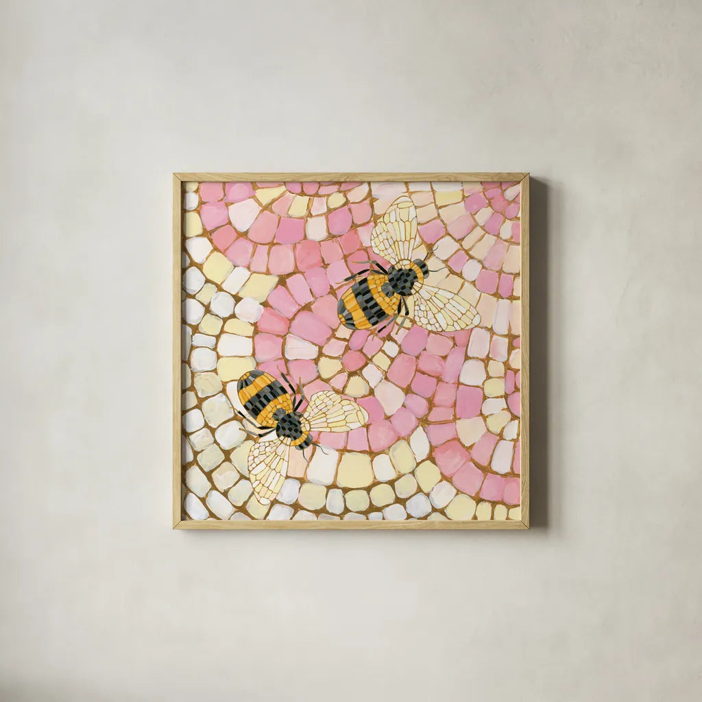 Botanical Mosaic III by Yvette St. Amant. Shown in a natural wood glass frame for a timeless modern aesthetic. Available as an archival giclee rolled canvas, fine art paper, or poster print. SKU 96217a.