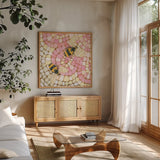 Botanical Mosaic III by Yvette St. Amant. Shown in a natural wood frame in a cozy modern living room. Available as an archival giclee rolled canvas, fine art paper, or poster print. SKU 96217a.