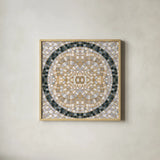 Botanical Mosaic IX by Yvette St. Amant. Shown in a natural wood glass frame for a timeless modern aesthetic. Available as an archival giclee rolled canvas, fine art paper, or poster print. SKU 96223a.