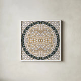 Botanical Mosaic IX by Yvette St. Amant. Shown in a crisp white glass frame for a clean and minimalist style. Available as an archival giclee rolled canvas, fine art paper, or poster print. SKU 96223a.
