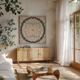 Botanical Mosaic IX by Yvette St. Amant. Shown in a natural wood frame in a cozy modern living room. Available as an archival giclee rolled canvas, fine art paper, or poster print. SKU 96223a.