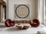 Botanical Mosaic IX by Yvette St. Amant. Shown as extra-large giant wall art in a modern living room. Available as an archival giclee rolled canvas, fine art paper, or poster print. SKU 96223a.