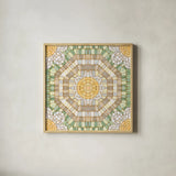 Botanical Mosaic VII by Yvette St. Amant. Shown in a natural wood glass frame for a timeless modern aesthetic. Available as an archival giclee rolled canvas, fine art paper, or poster print. SKU 96221a.
