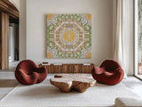 Botanical Mosaic VII by Yvette St. Amant. Shown as extra-large giant wall art in a modern living room. Available as an archival giclee rolled canvas, fine art paper, or poster print. SKU 96221a.