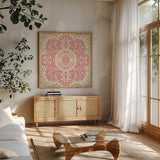 Botanical Mosaic VIII by Yvette St. Amant. Shown in a natural wood frame in a cozy modern living room. Available as an archival giclee rolled canvas, fine art paper, or poster print. SKU 96222a.