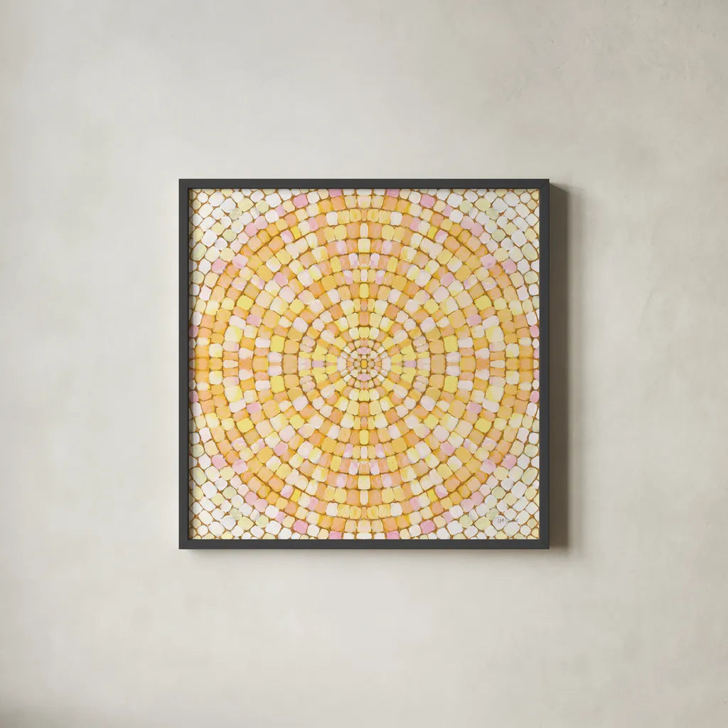 Botanical Mosaic X by Yvette St. Amant. Shown in a sleek black glass frame for a contemporary gallery look. Available as an archival giclee rolled canvas, fine art paper, or poster print. SKU 96224a.