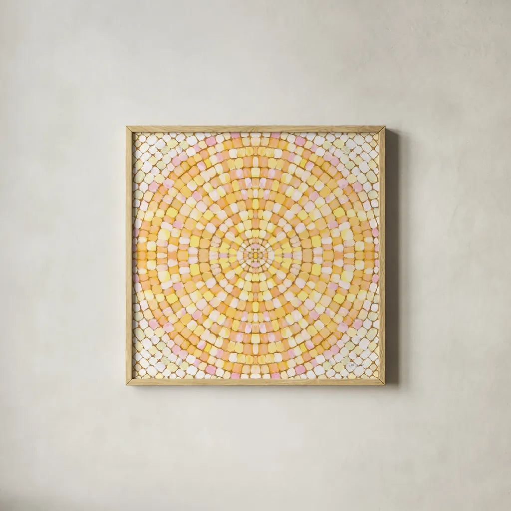 Botanical Mosaic X by Yvette St. Amant. Shown in a natural wood glass frame for a timeless modern aesthetic. Available as an archival giclee rolled canvas, fine art paper, or poster print. SKU 96224a.