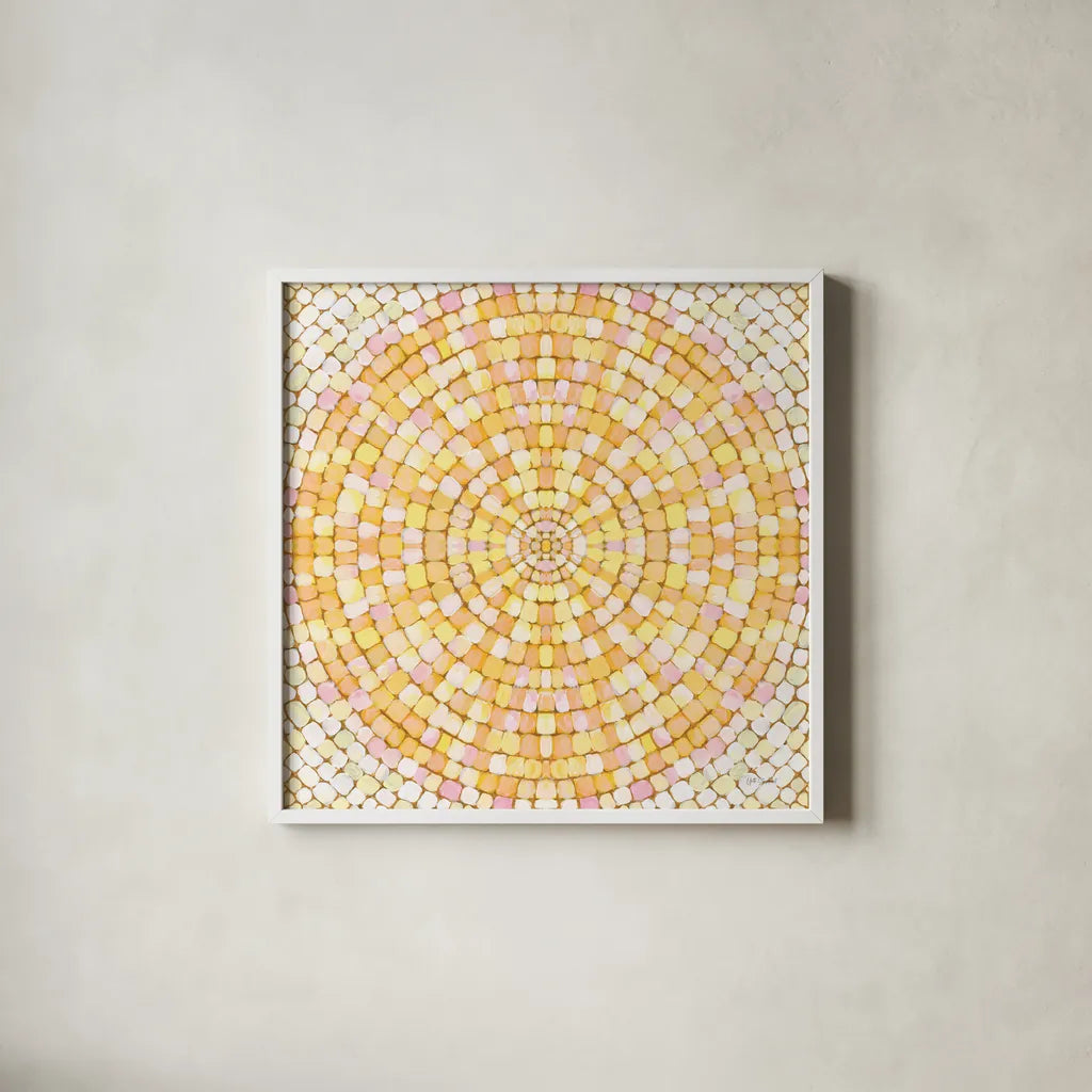 Botanical Mosaic X by Yvette St. Amant. Shown in a crisp white glass frame for a clean and minimalist style. Available as an archival giclee rolled canvas, fine art paper, or poster print. SKU 96224a.