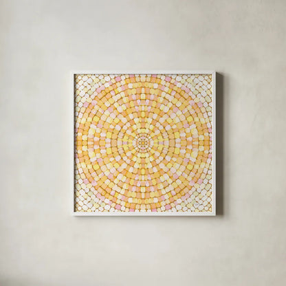 Botanical Mosaic X by Yvette St. Amant. Shown in a crisp white glass frame for a clean and minimalist style. Available as an archival giclee rolled canvas, fine art paper, or poster print. SKU 96224a.