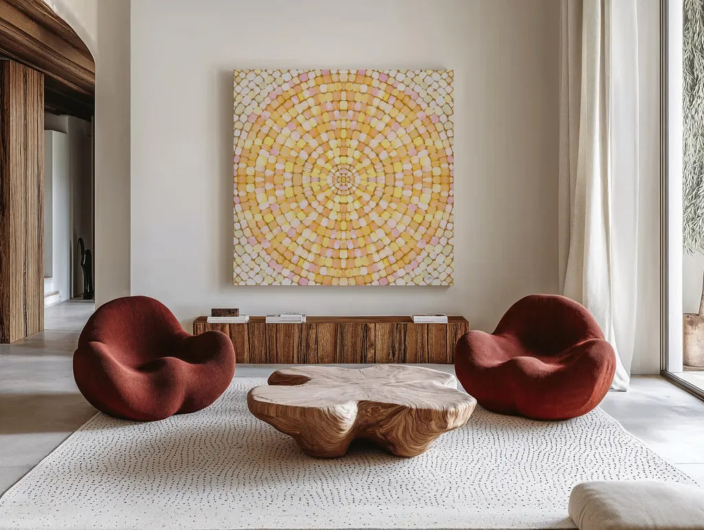 Botanical Mosaic X by Yvette St. Amant. Shown as extra-large giant wall art in a modern living room. Available as an archival giclee rolled canvas, fine art paper, or poster print. SKU 96224a.