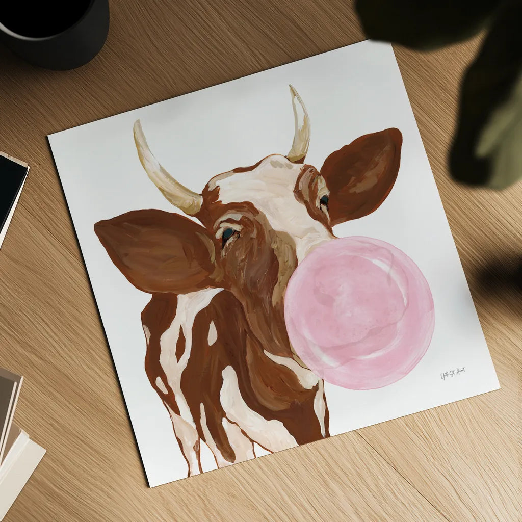 Bubblegum Cow by Yvette St. Amant. Shown as a detailed flat fine art print, highlighting archival giclee quality. Available as an archival giclee rolled canvas, fine art paper, or poster print. SKU 91464a.