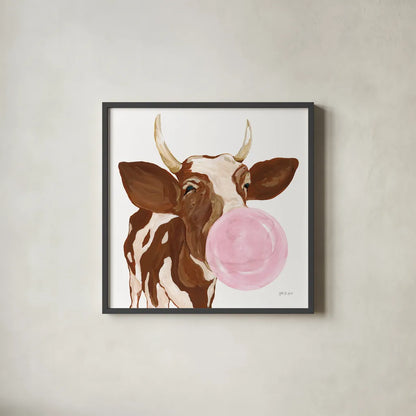 Bubblegum Cow by Yvette St. Amant. Shown in a sleek black glass frame for a contemporary gallery look. Available as an archival giclee rolled canvas, fine art paper, or poster print. SKU 91464a.
