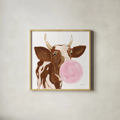 Bubblegum Cow by Yvette St. Amant. Shown in a natural wood glass frame for a timeless modern aesthetic. Available as an archival giclee rolled canvas, fine art paper, or poster print. SKU 91464a.