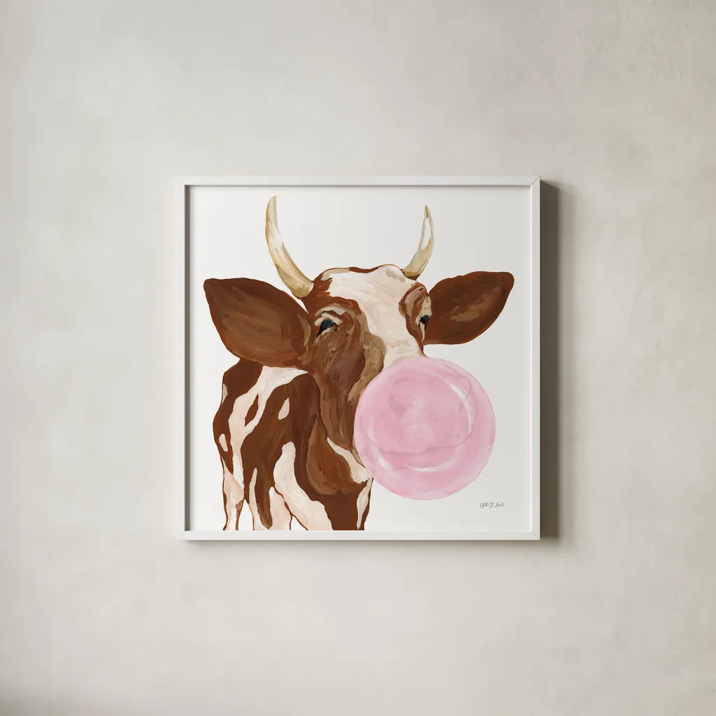 Bubblegum Cow by Yvette St. Amant. Shown in a crisp white glass frame for a clean and minimalist style. Available as an archival giclee rolled canvas, fine art paper, or poster print. SKU 91464a.