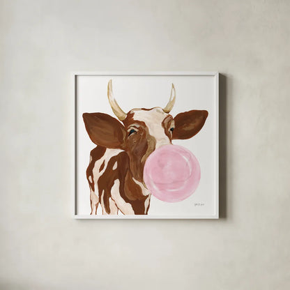 Bubblegum Cow by Yvette St. Amant. Shown in a crisp white glass frame for a clean and minimalist style. Available as an archival giclee rolled canvas, fine art paper, or poster print. SKU 91464a.