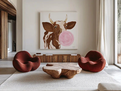 Bubblegum Cow by Yvette St. Amant. Shown as extra-large giant wall art in a modern living room. Available as an archival giclee rolled canvas, fine art paper, or poster print. SKU 91464a.