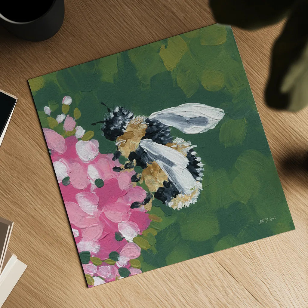 Busy Bee by Yvette St. Amant. Shown as a detailed flat fine art print, highlighting archival giclee quality. Available as an archival giclee rolled canvas, fine art paper, or poster print. SKU 89320a.