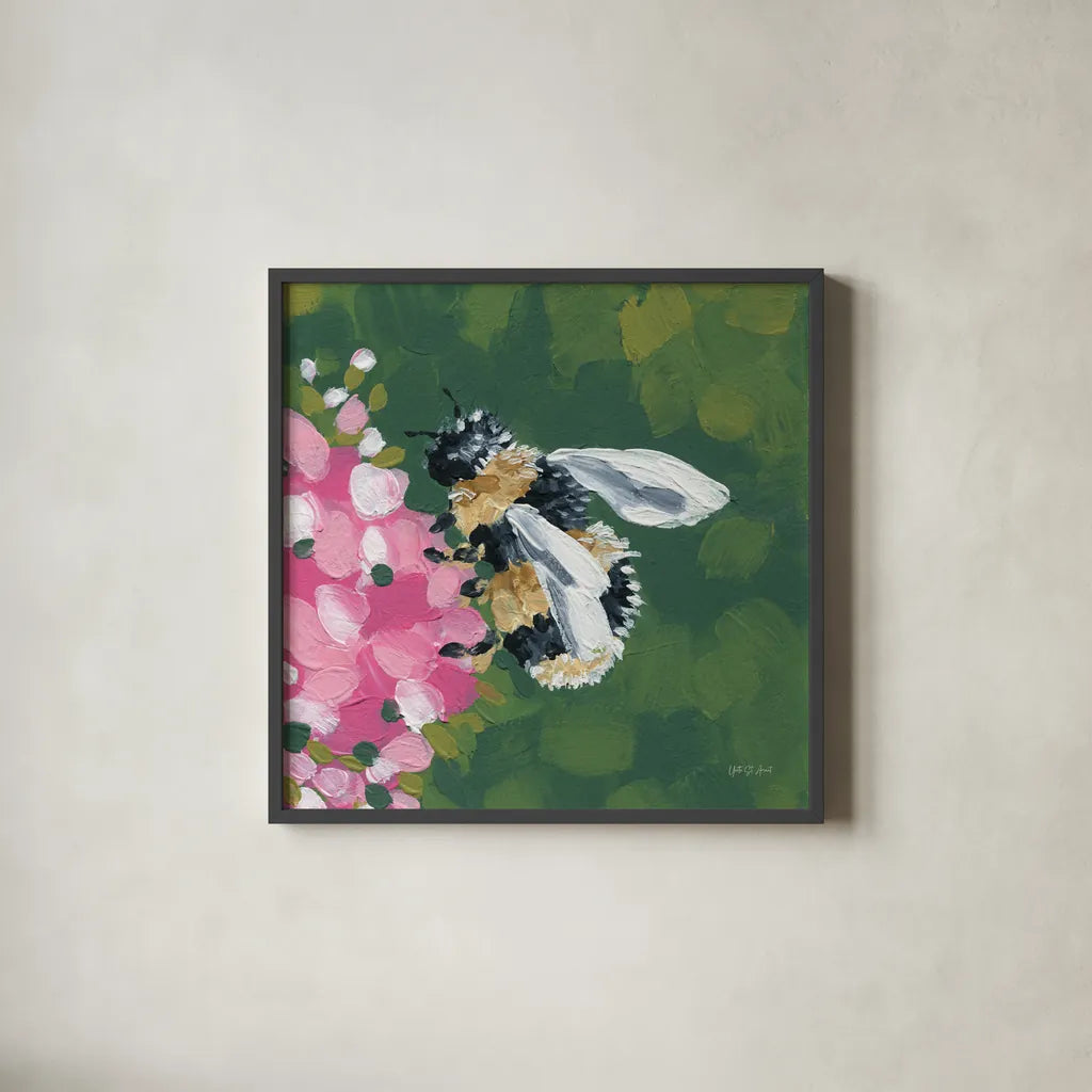 Busy Bee by Yvette St. Amant. Shown in a sleek black glass frame for a contemporary gallery look. Available as an archival giclee rolled canvas, fine art paper, or poster print. SKU 89320a.