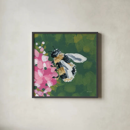 Busy Bee by Yvette St. Amant. Shown in a sleek black glass frame for a contemporary gallery look. Available as an archival giclee rolled canvas, fine art paper, or poster print. SKU 89320a.