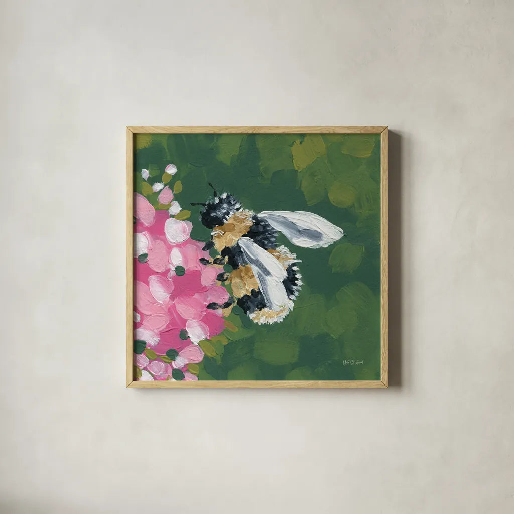 Busy Bee by Yvette St. Amant. Shown in a natural wood glass frame for a timeless modern aesthetic. Available as an archival giclee rolled canvas, fine art paper, or poster print. SKU 89320a.