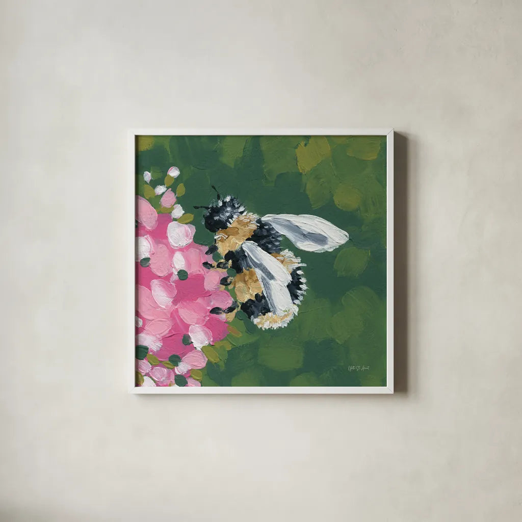 Busy Bee by Yvette St. Amant. Shown in a crisp white glass frame for a clean and minimalist style. Available as an archival giclee rolled canvas, fine art paper, or poster print. SKU 89320a.