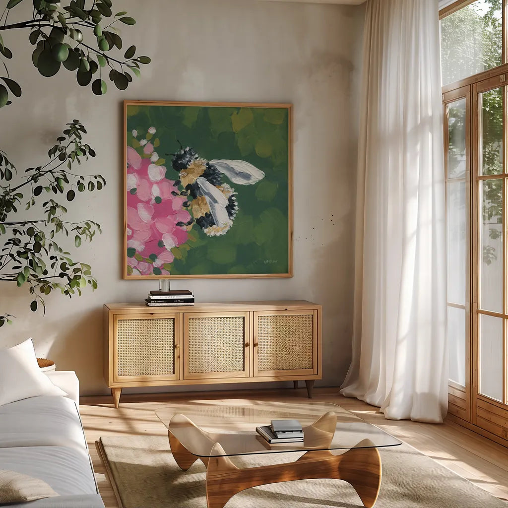Busy Bee by Yvette St. Amant. Shown in a natural wood frame in a cozy modern living room. Available as an archival giclee rolled canvas, fine art paper, or poster print. SKU 89320a.