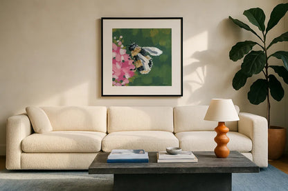 Busy Bee by Yvette St. Amant. Displayed in a glass frame with matte in a clean modern living room. Available as an archival giclee rolled canvas, fine art paper, or poster print. SKU 89320a.