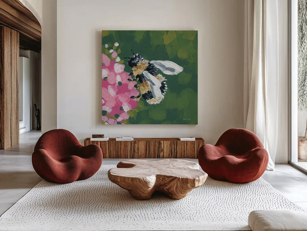 Busy Bee by Yvette St. Amant. Shown as extra-large giant wall art in a modern living room. Available as an archival giclee rolled canvas, fine art paper, or poster print. SKU 89320a.
