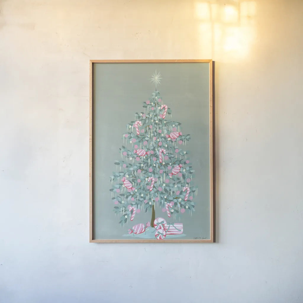Candy Store Christmas Tree by Yvette St. Amant. shown as a paper print in a natural frame. Available as a archival giclee rolled canvas, fine art paper, or poster print. SKU 94141h.