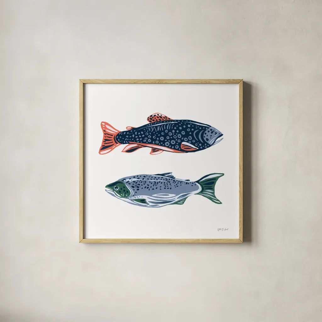 Catch of the Day VII by Yvette St. Amant. Shown in a natural wood glass frame for a timeless modern aesthetic. Available as an archival giclee rolled canvas, fine art paper, or poster print. SKU 98949a.
