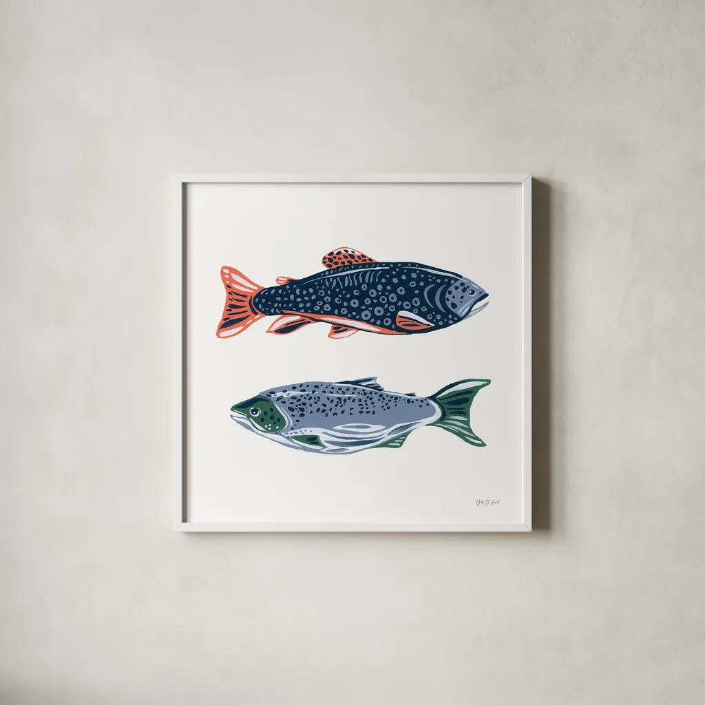 Catch of the Day VII by Yvette St. Amant. Shown in a crisp white glass frame for a clean and minimalist style. Available as an archival giclee rolled canvas, fine art paper, or poster print. SKU 98949a.