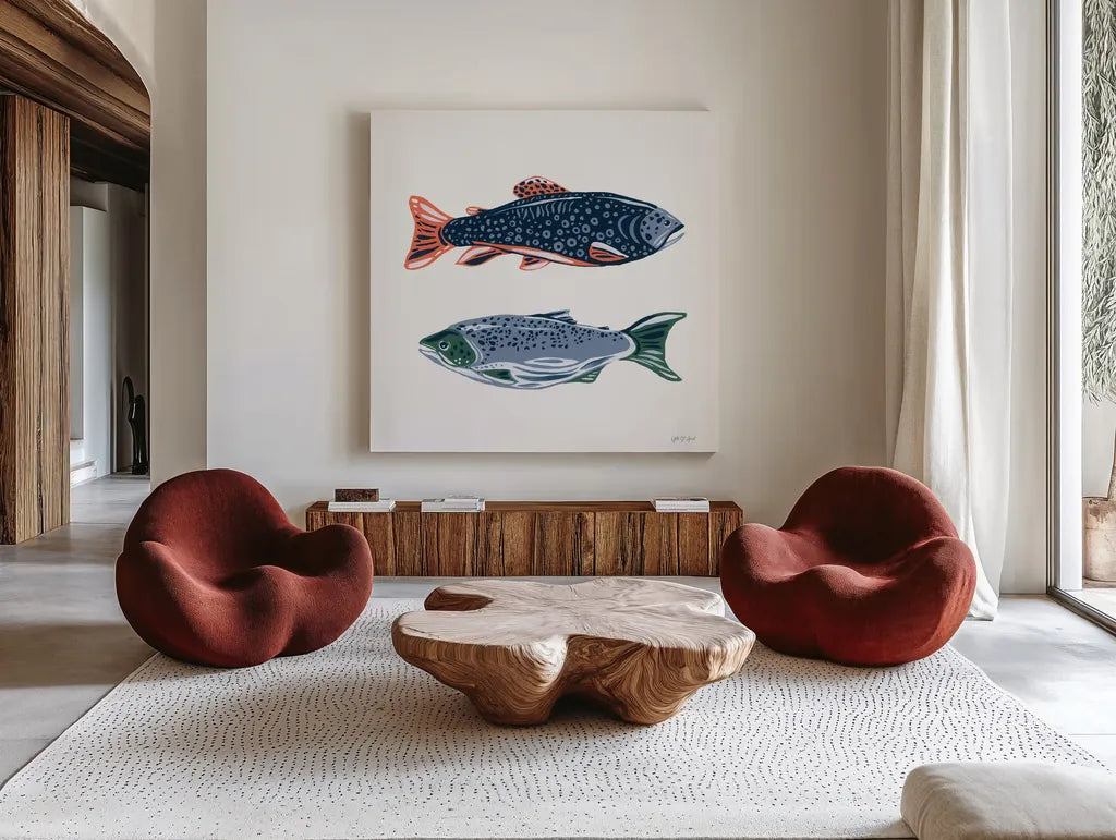 Catch of the Day VII by Yvette St. Amant. Shown as extra-large giant wall art in a modern living room. Available as an archival giclee rolled canvas, fine art paper, or poster print. SKU 98949a.