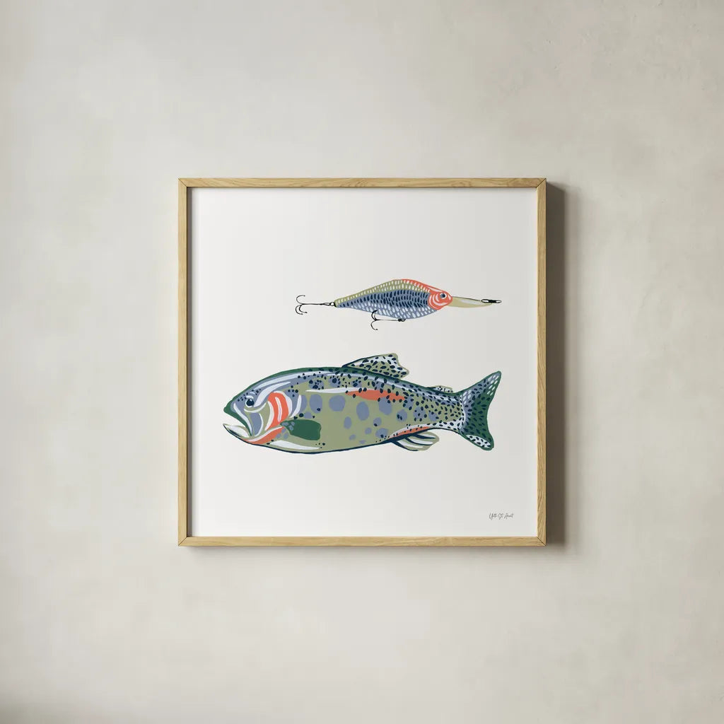 Catch of the Day VIII by Yvette St. Amant. Shown in a natural wood glass frame for a timeless modern aesthetic. Available as an archival giclee rolled canvas, fine art paper, or poster print. SKU 98950a.