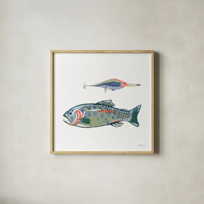 Catch of the Day VIII by Yvette St. Amant. Shown in a natural wood glass frame for a timeless modern aesthetic. Available as an archival giclee rolled canvas, fine art paper, or poster print. SKU 98950a.