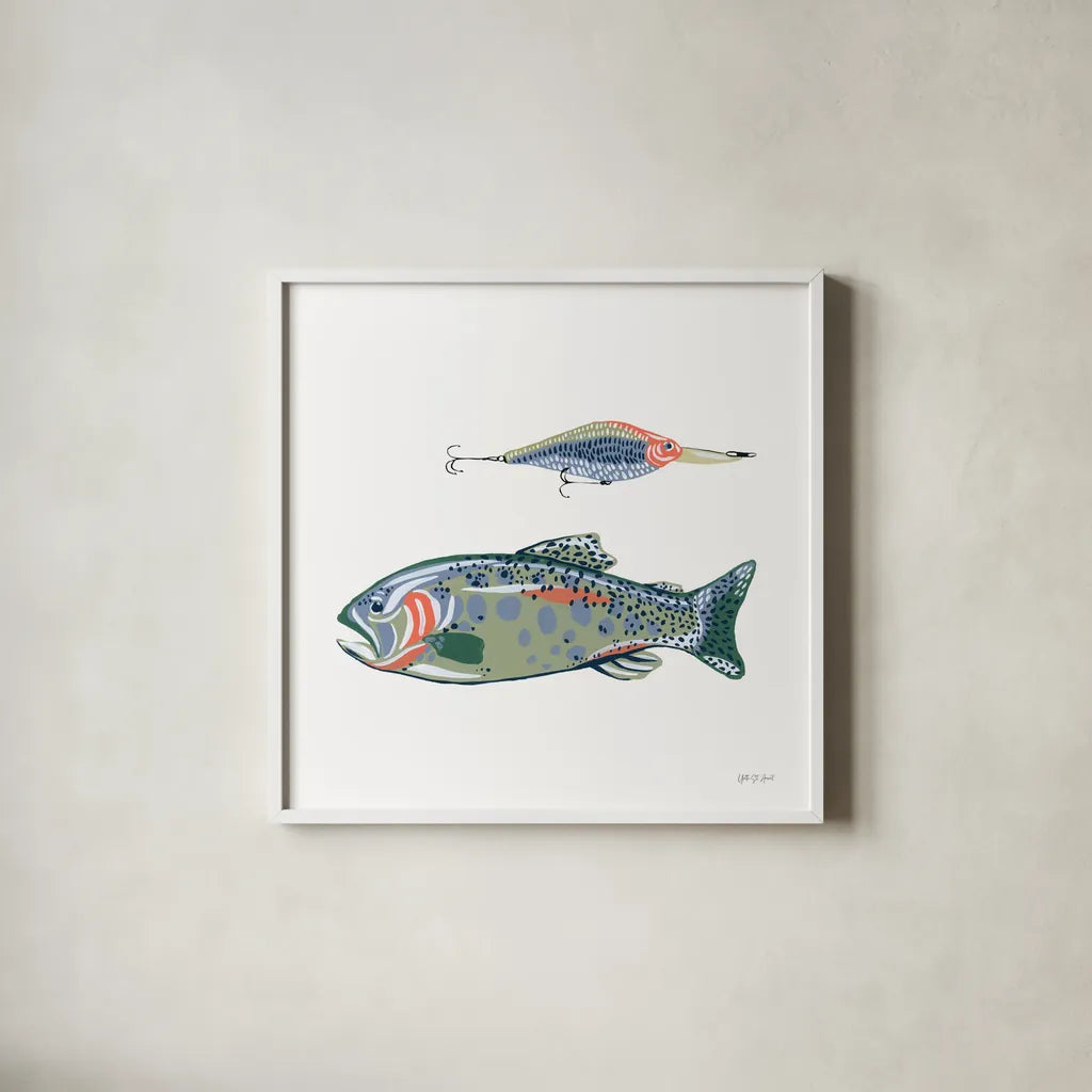 Catch of the Day VIII by Yvette St. Amant. Shown in a crisp white glass frame for a clean and minimalist style. Available as an archival giclee rolled canvas, fine art paper, or poster print. SKU 98950a.